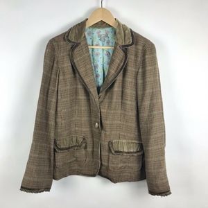 J. Jill Brown Plaid Blazer Velvet Raw Edges Sz 8